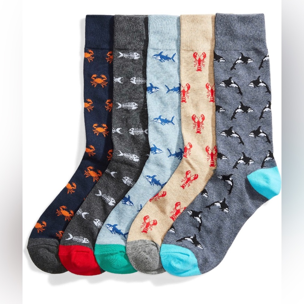 Men's Patterned Crew Socks, 5 Pair Sea-Life Christmas Gift Set NEW BOGO Free